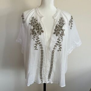 Free people gauzy shirt size L white with olive green embroidery